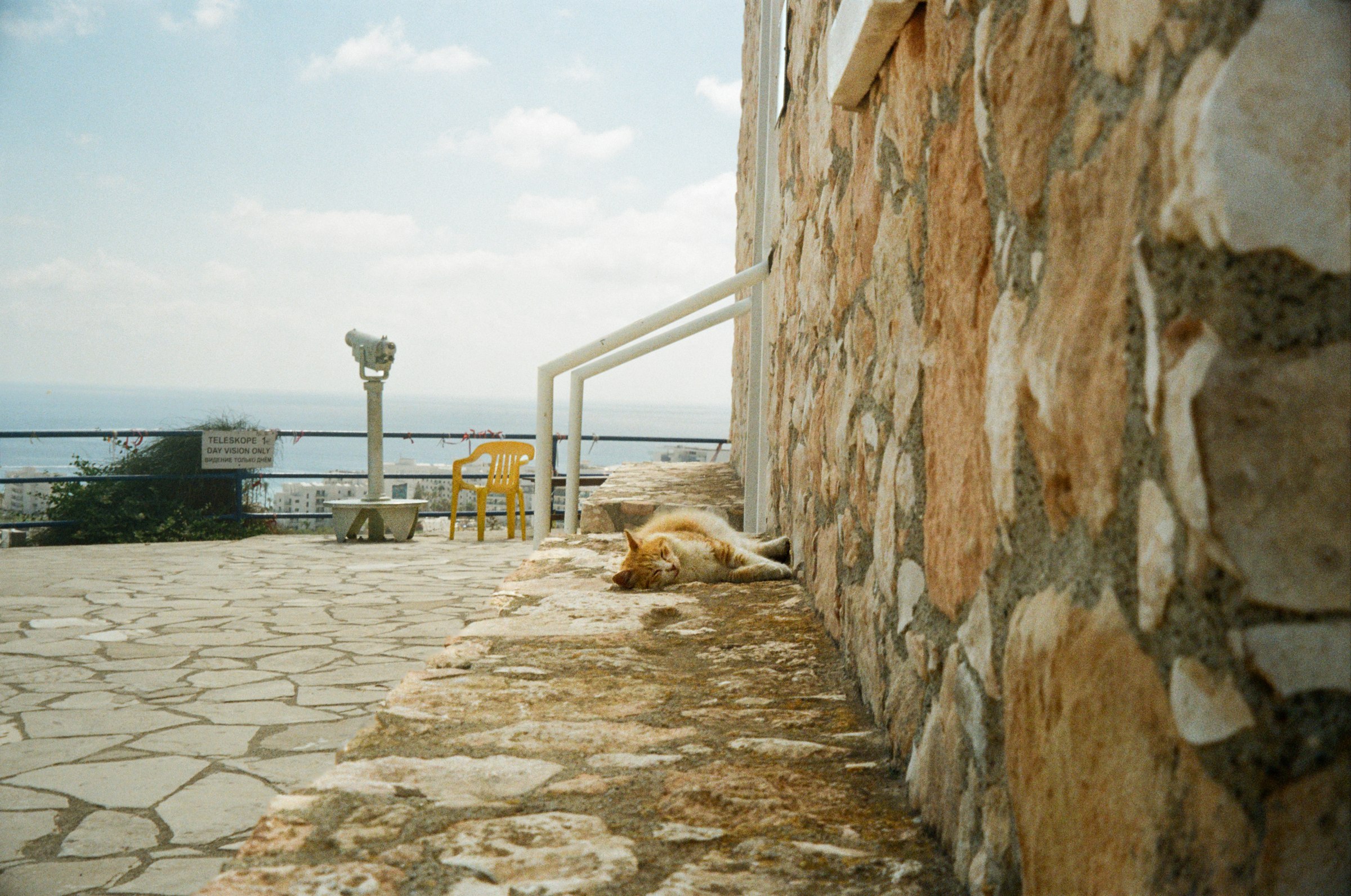 A ginger cat stretched out on a stone terrace beside a telescope that runs on coins